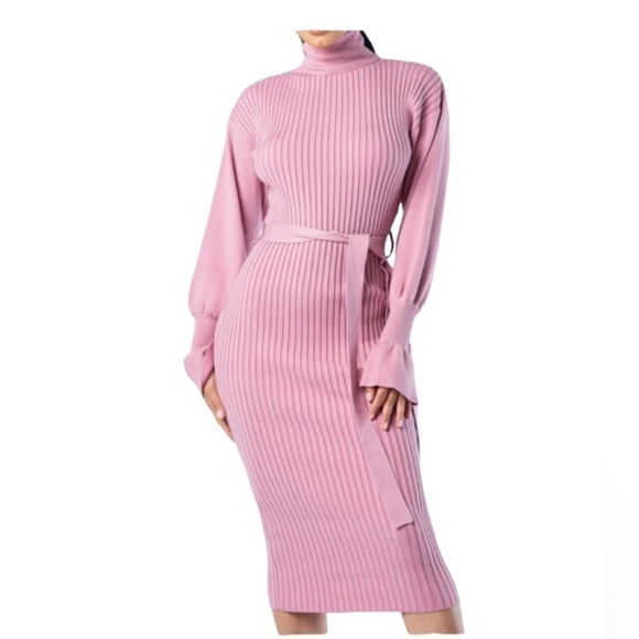 Hera Collection Dresses & Skirts - Sweater dress belted turtleneck. Long bell sleeve.